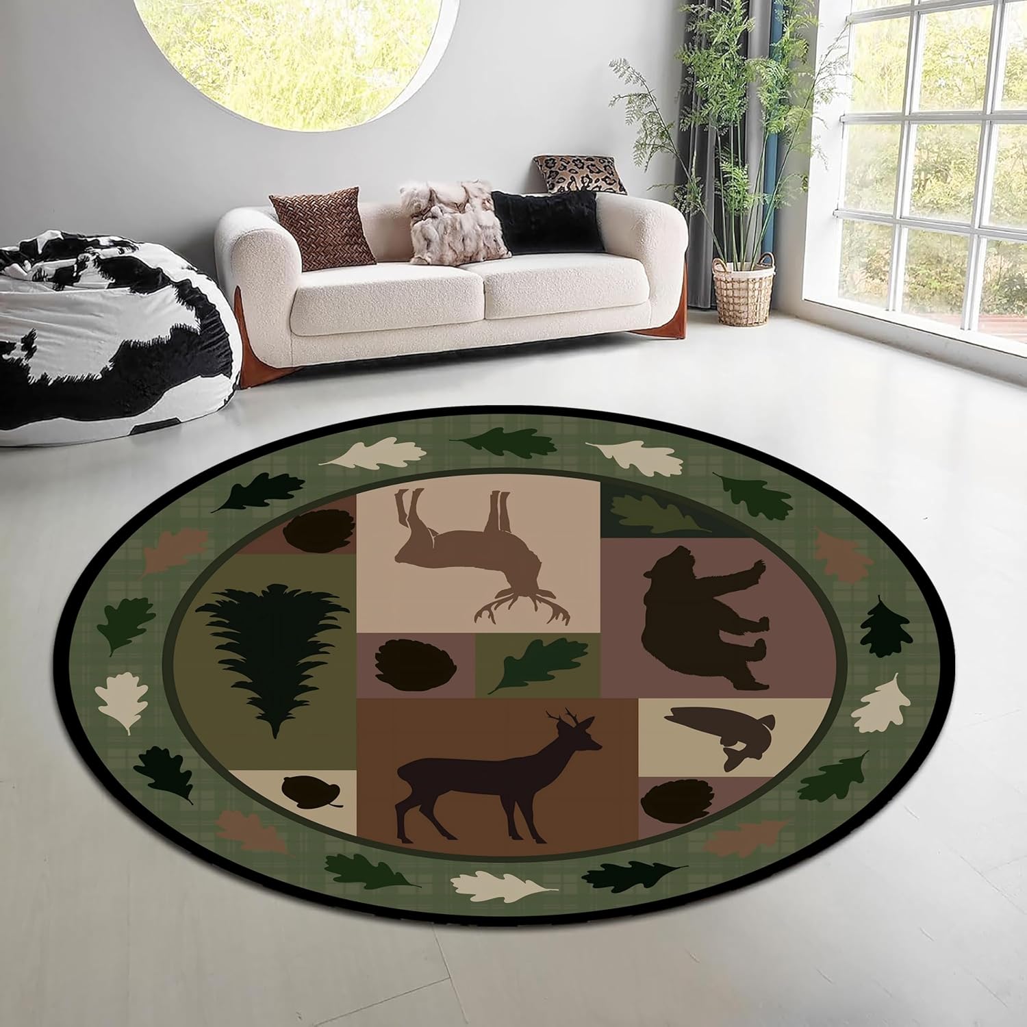 Hunting Outdoor Rug - Vintage Doğa Ormanı Yuvarlak Halı Yeşil